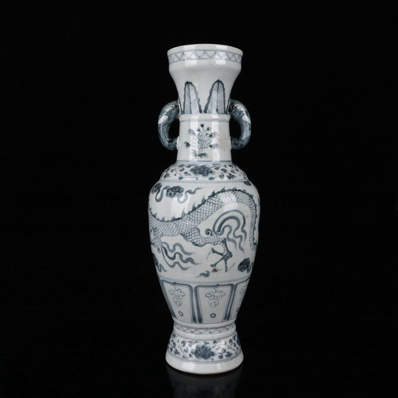 Yuan Dynasty Blue and White Cloud Dragon Pattern Elephant Ear Vase