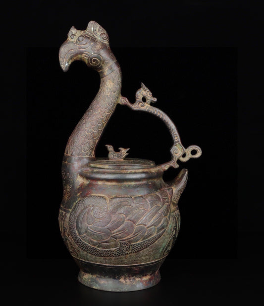 Chinese antique bronze dragon and phoenix teapot
