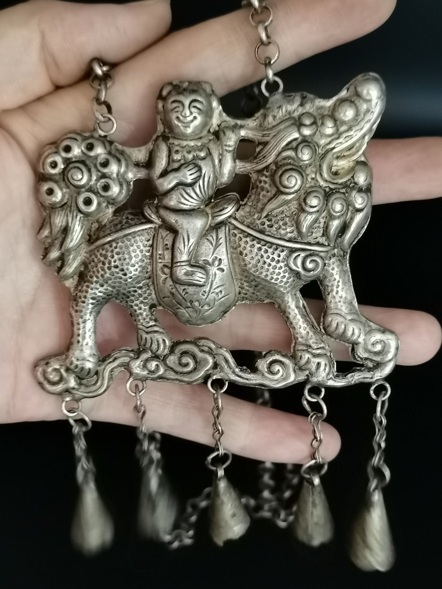 Chinese Antique Silver Kirin Lock Necklace