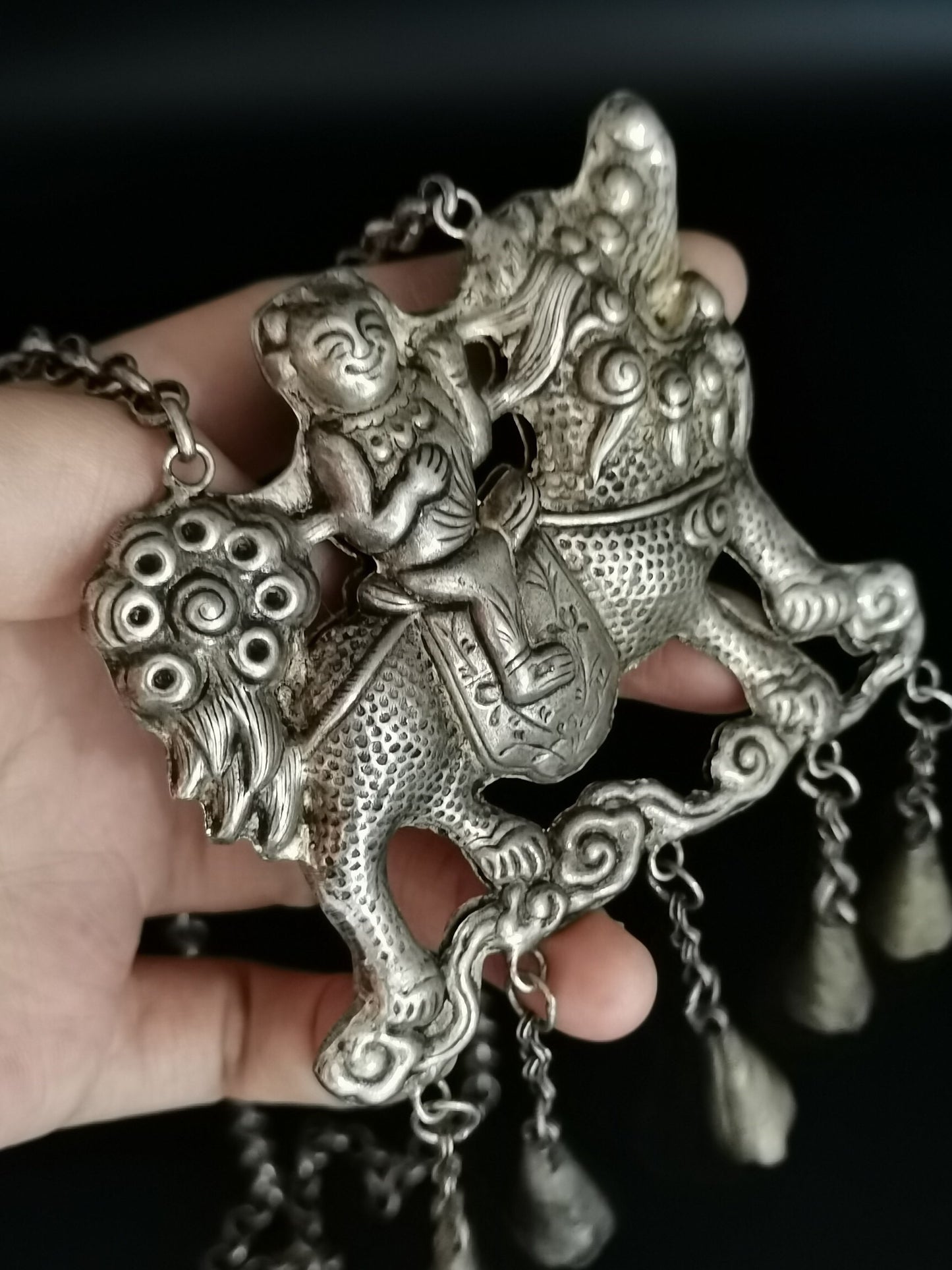 Chinese Antique Silver Kirin Lock Necklace