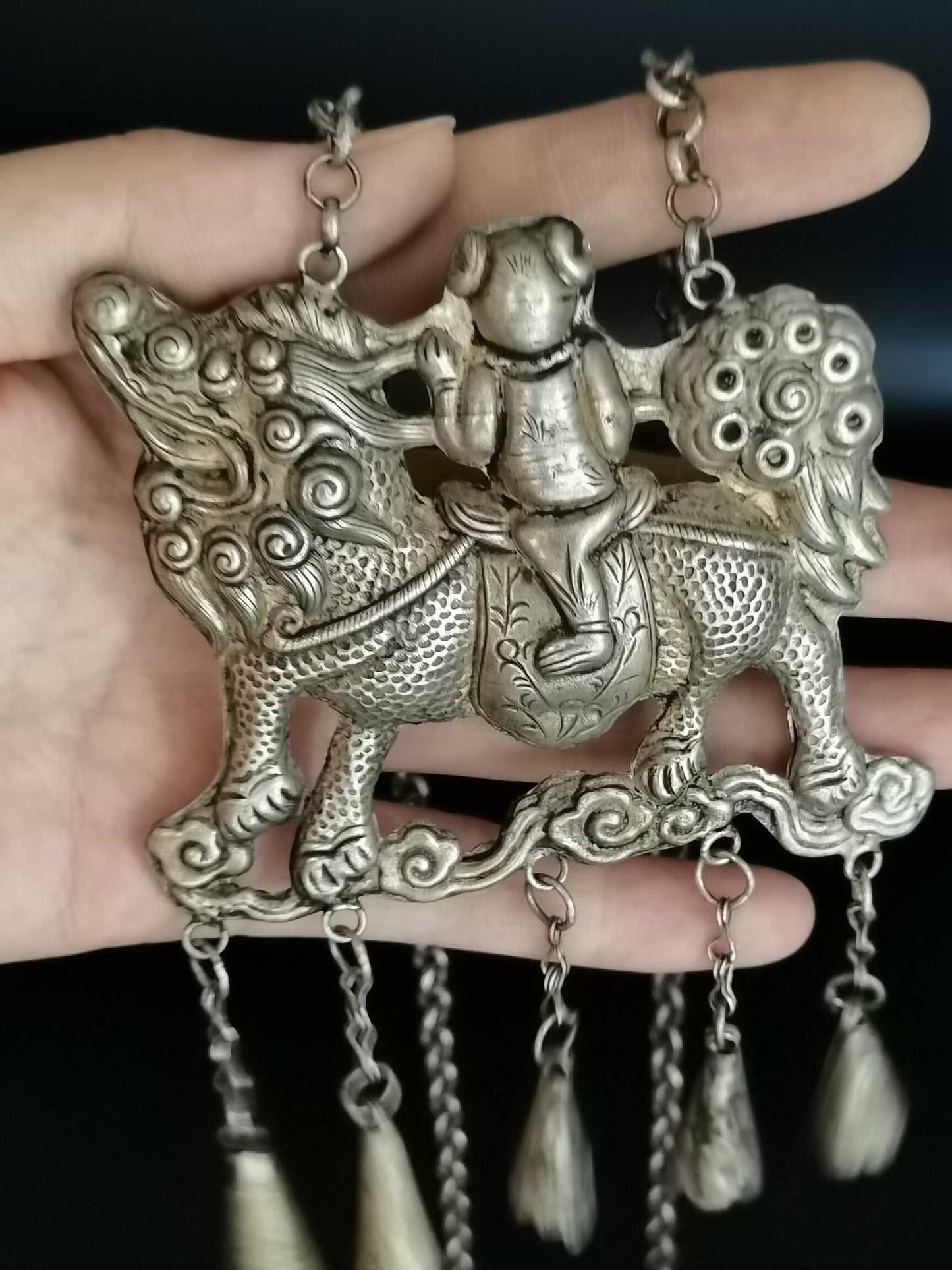 Chinese Antique Silver Kirin Lock Necklace