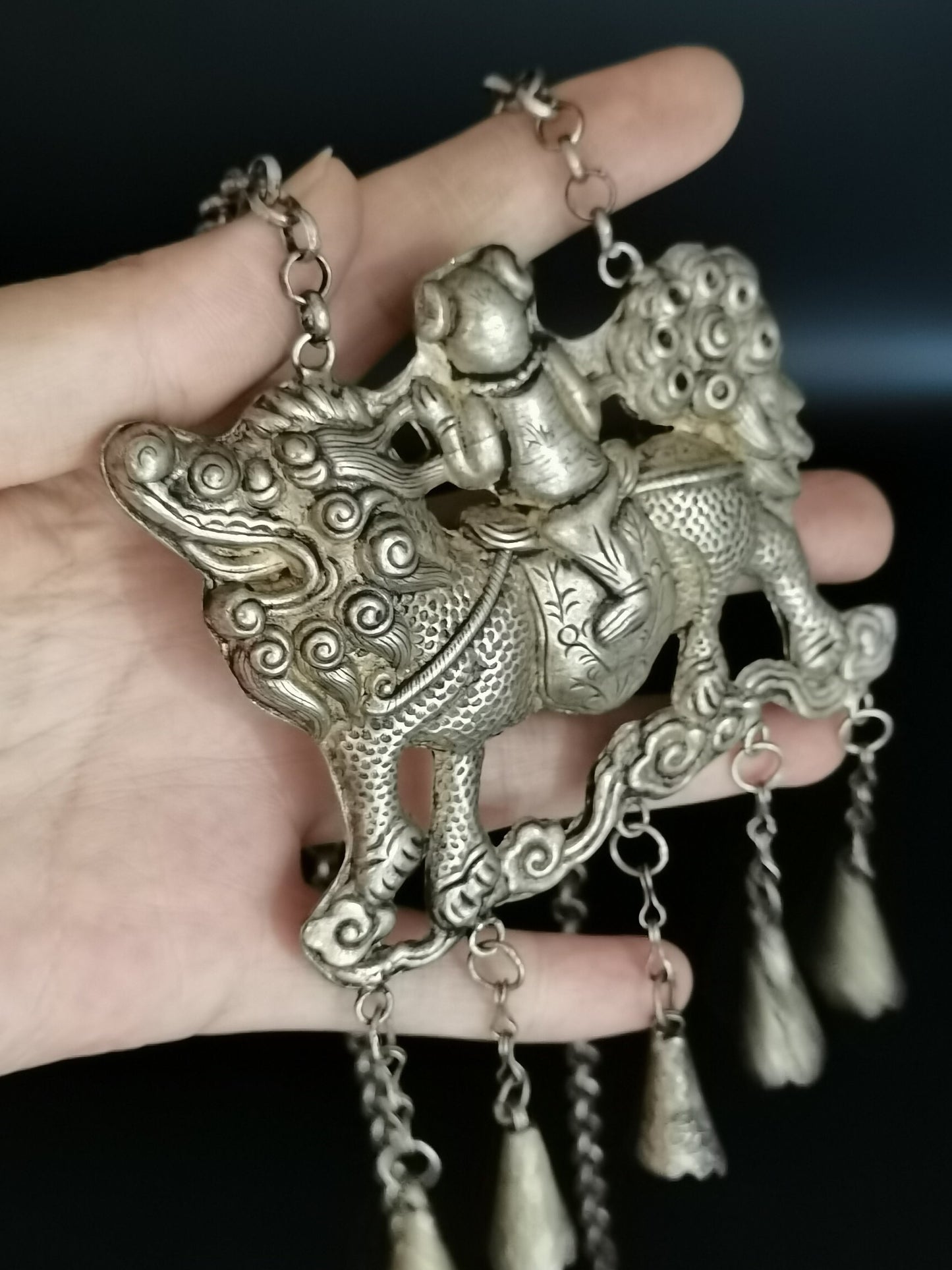 Chinese Antique Silver Kirin Lock Necklace