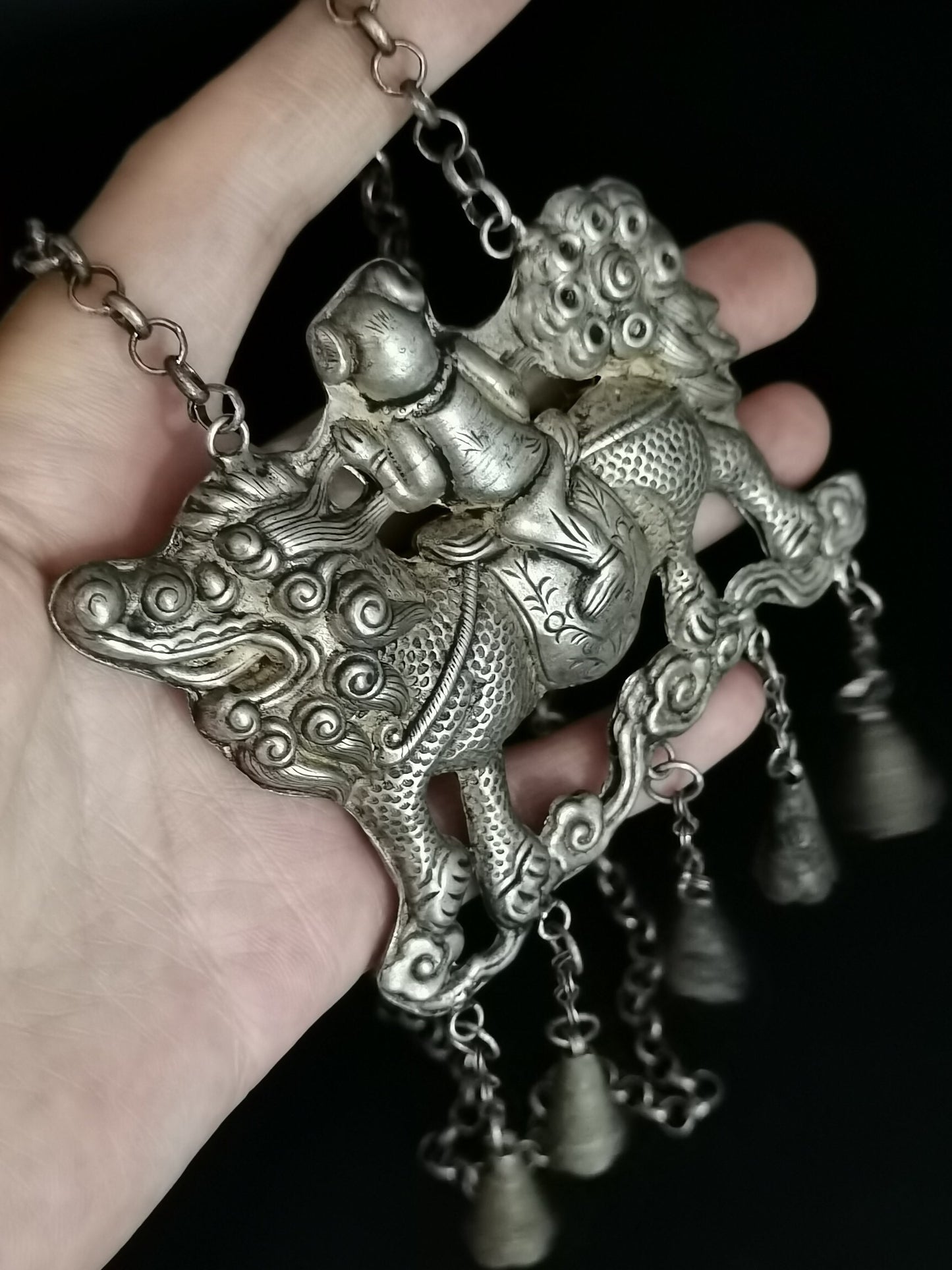 Chinese Antique Silver Kirin Lock Necklace