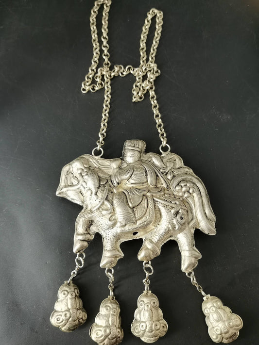 Chinese Antique Silver Kirin Long Life Lock Necklace