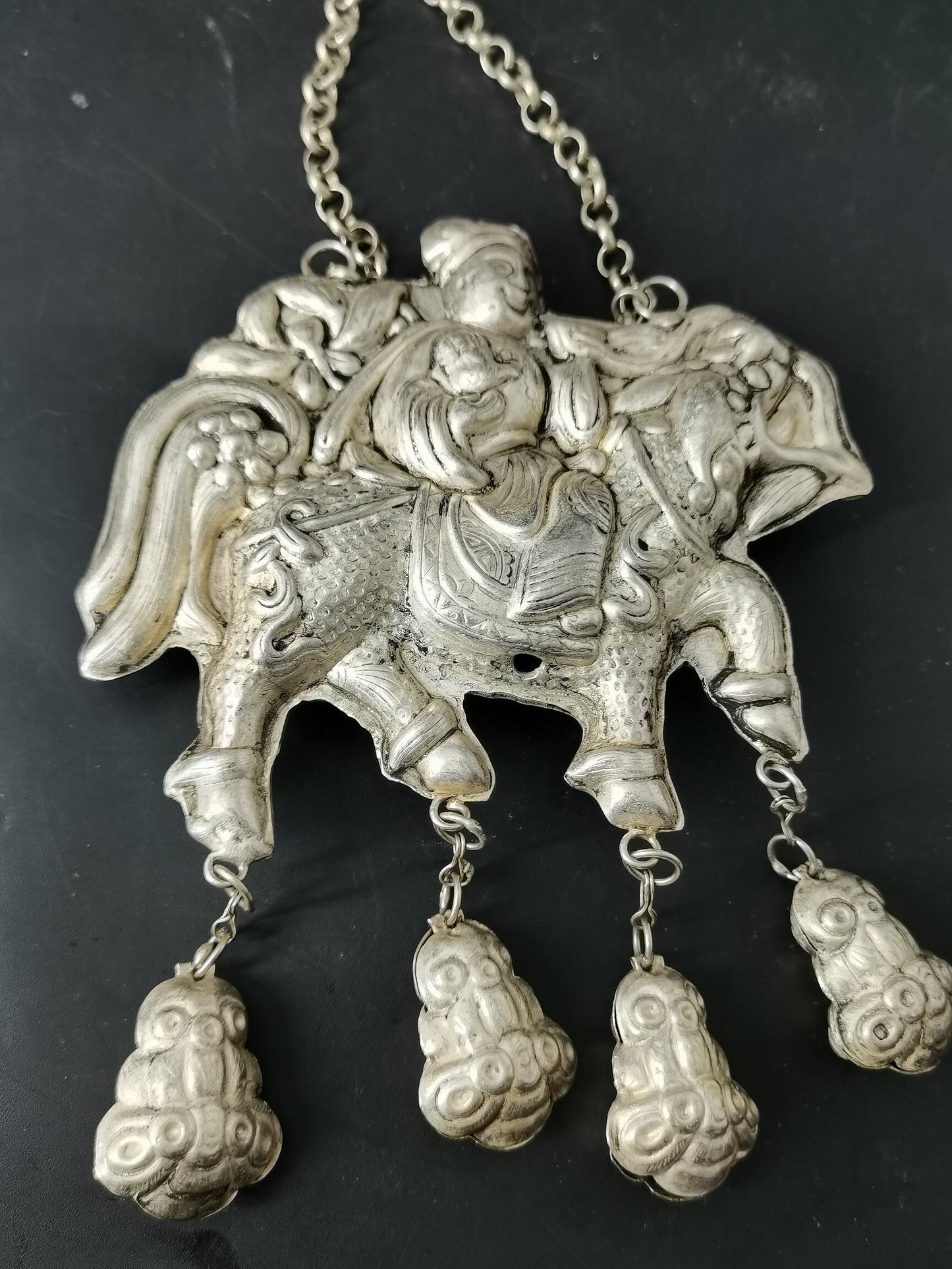 Chinese Antique Silver Kirin Long Life Lock Necklace