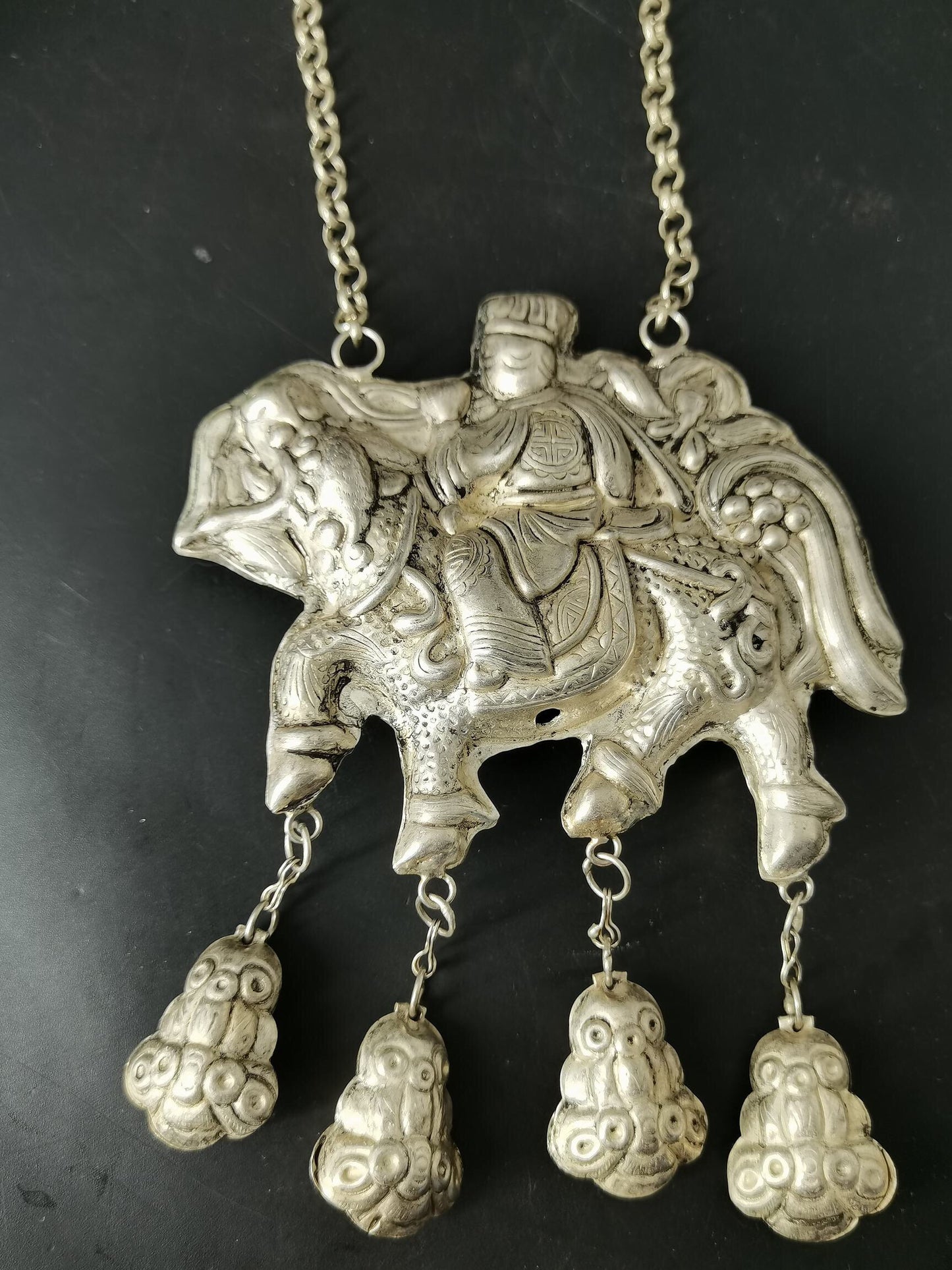 Chinese Antique Silver Kirin Long Life Lock Necklace