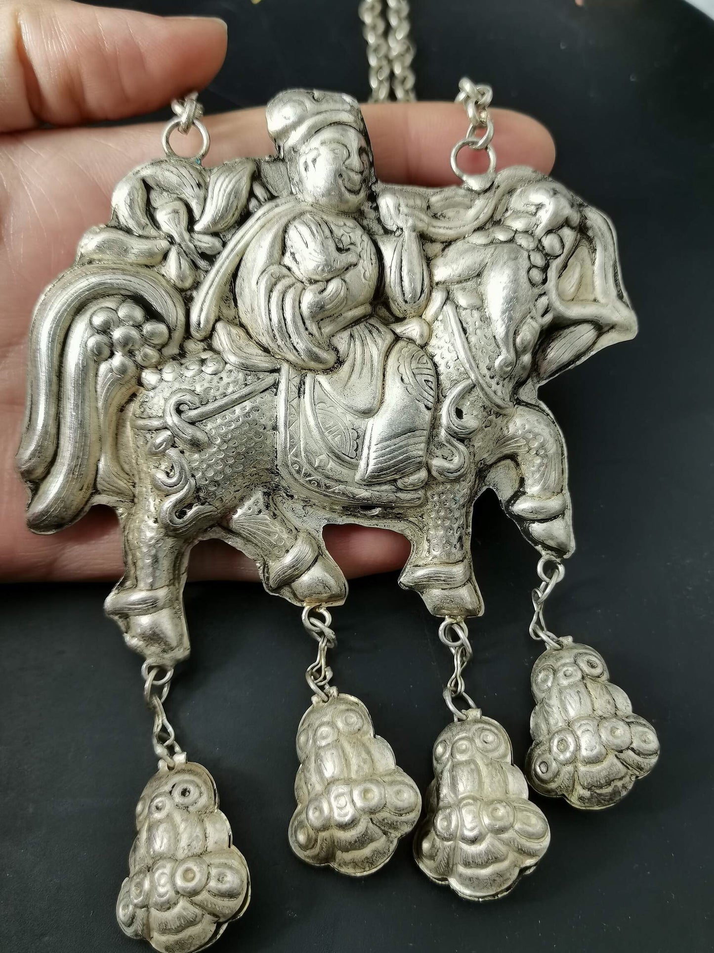 Chinese Antique Silver Kirin Long Life Lock Necklace