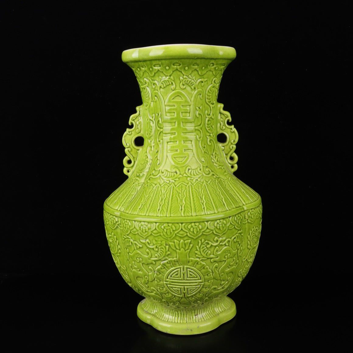 Monochrome glazed relief dragon patterned double ear vase