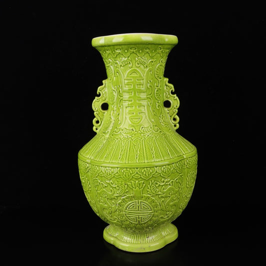 Monochrome glazed relief dragon patterned double ear vase