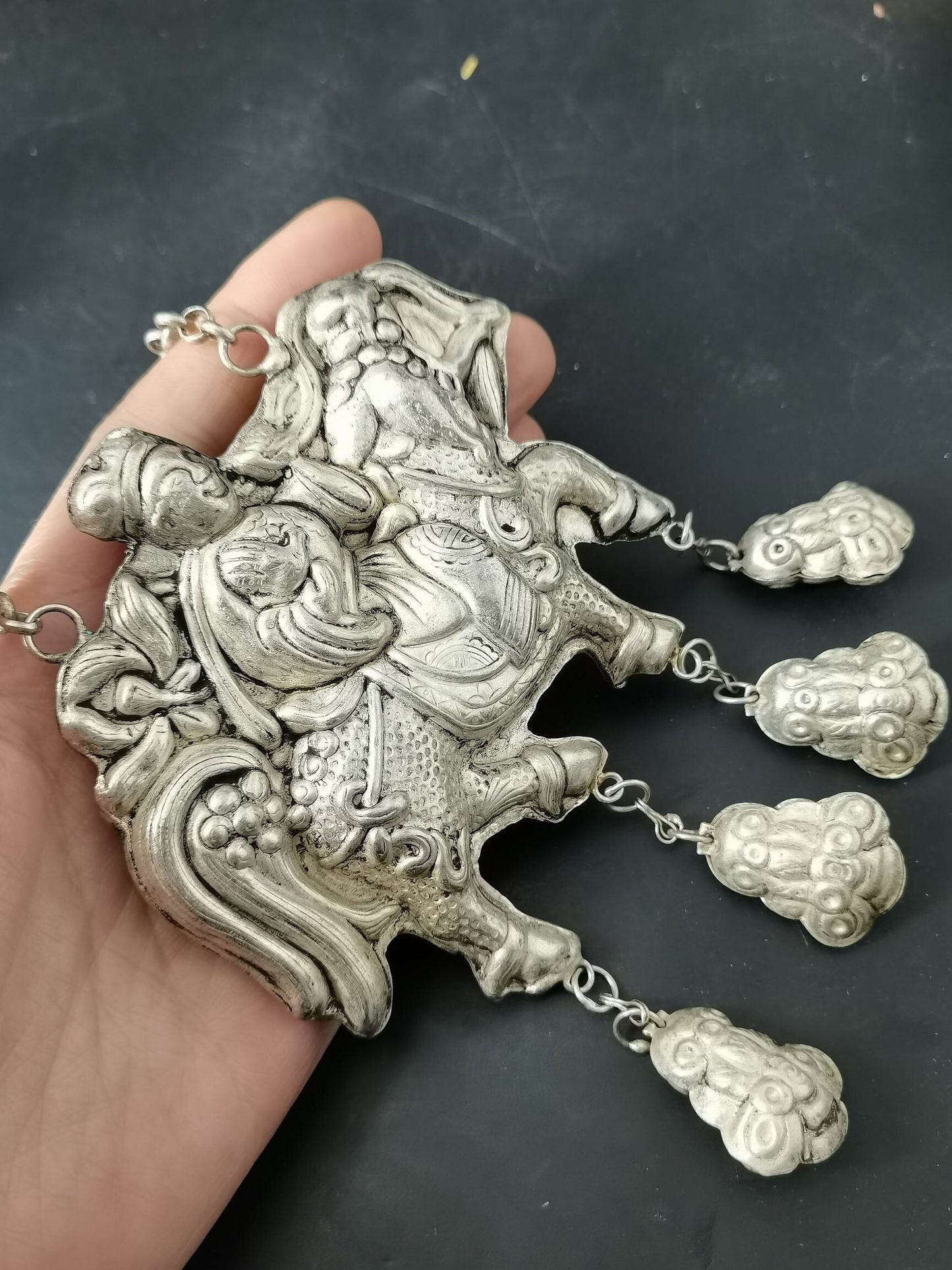 Chinese Antique Silver Kirin Long Life Lock Necklace