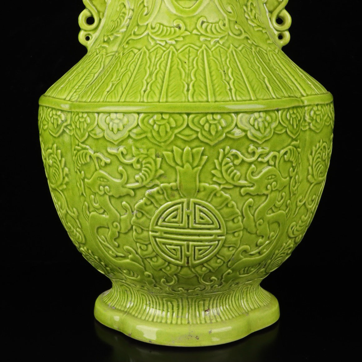 Monochrome glazed relief dragon patterned double ear vase