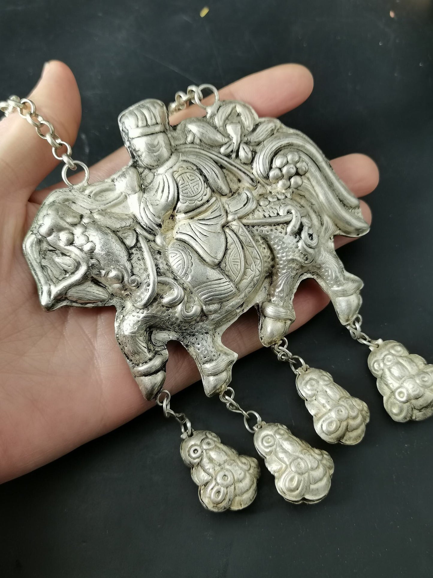 Chinese Antique Silver Kirin Long Life Lock Necklace