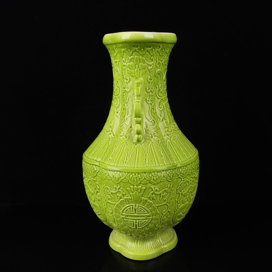 Monochrome glazed relief dragon patterned double ear vase
