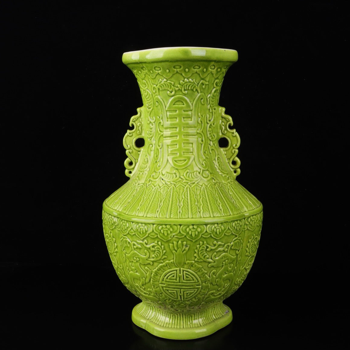 Monochrome glazed relief dragon patterned double ear vase
