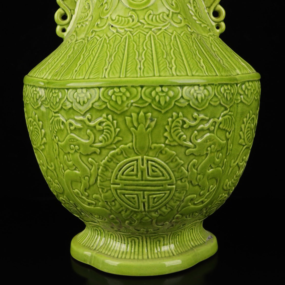 Monochrome glazed relief dragon patterned double ear vase
