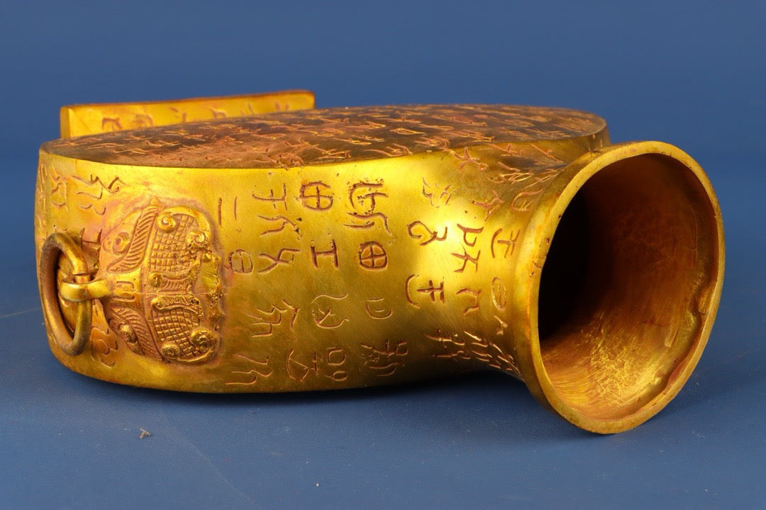 Chinese Antique Bronze Gilded Inscription Flat Pot