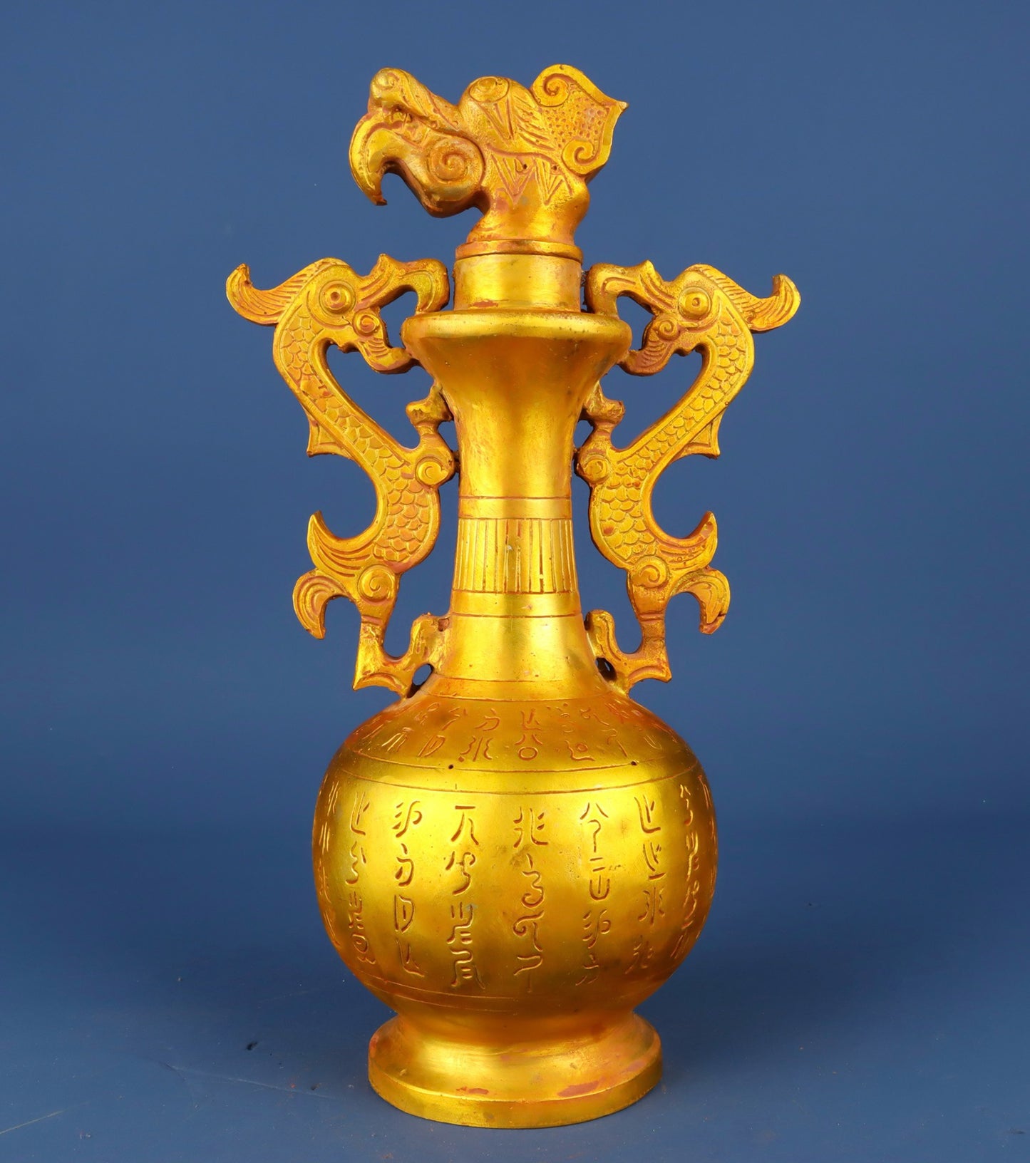 Chinese antique bronze gilded double dragon vase