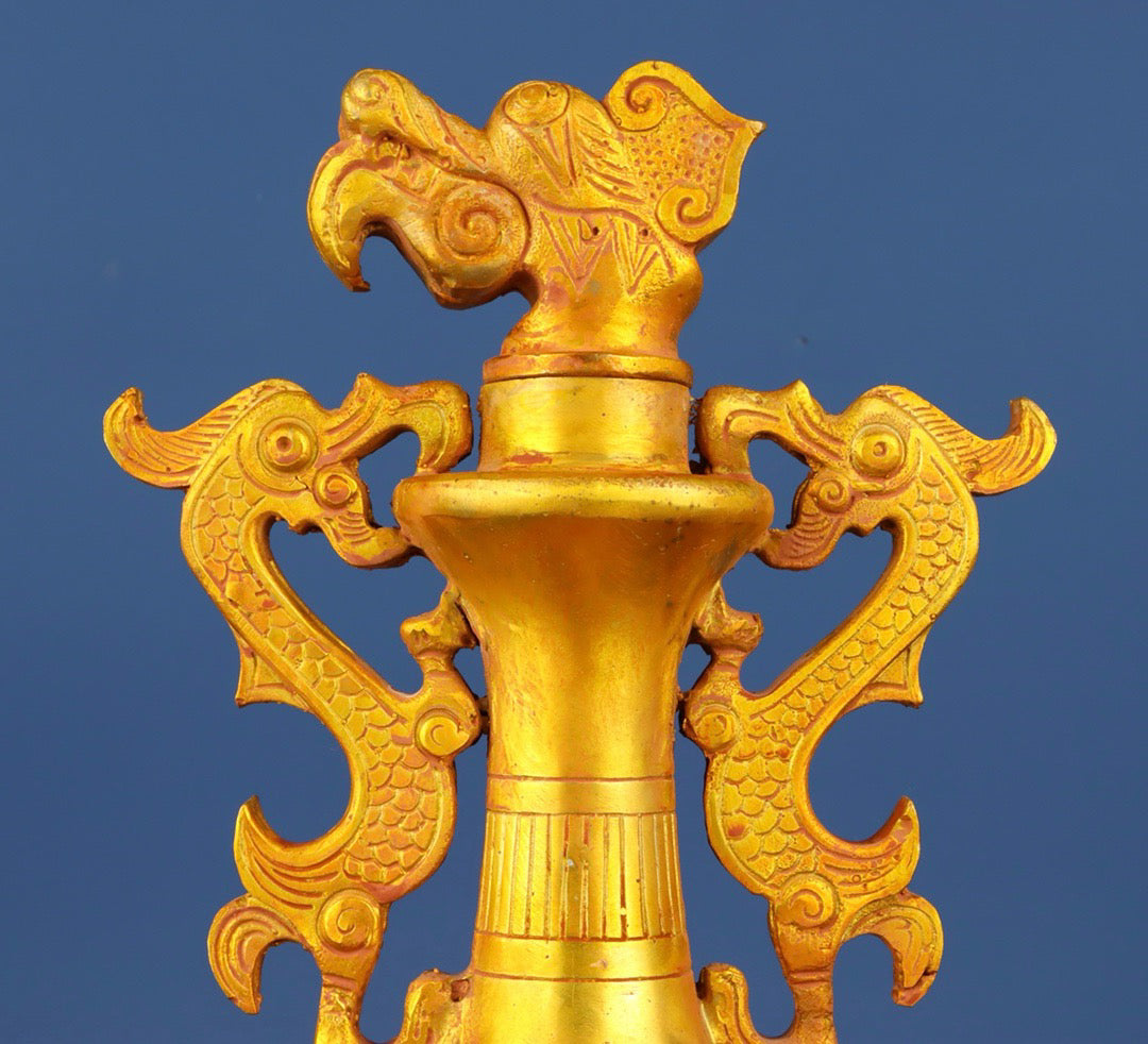 Chinese antique bronze gilded double dragon vase