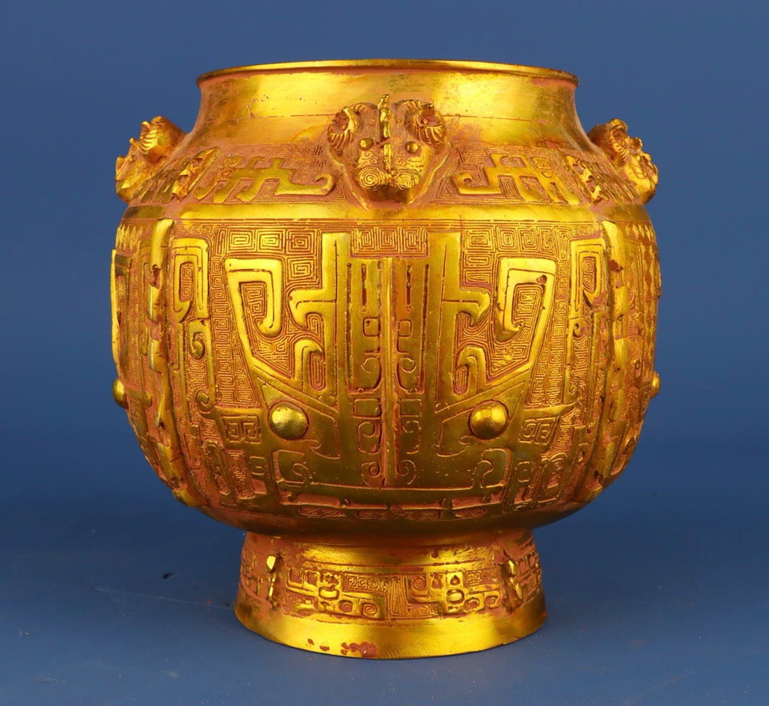 Chinese antique bronze gilded animal face four sheep jar