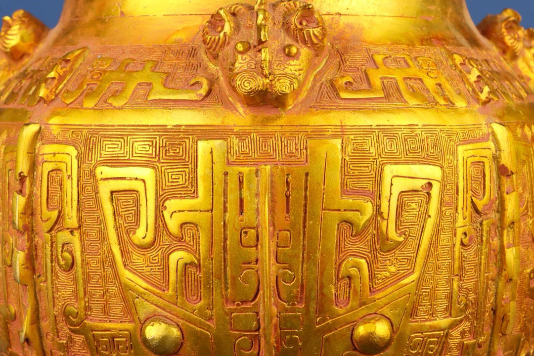 Chinese antique bronze gilded animal face four sheep jar