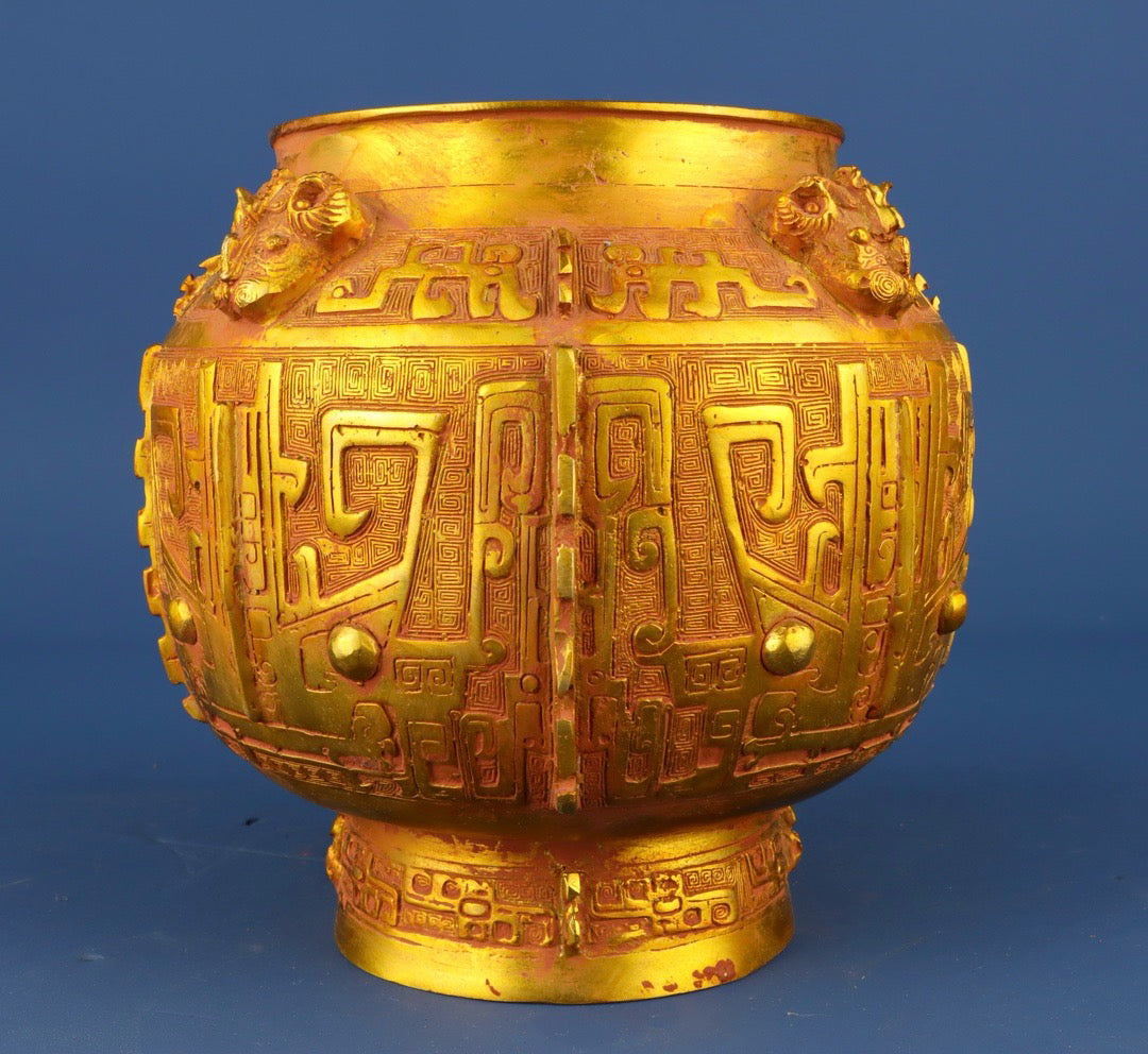 Chinese antique bronze gilded animal face four sheep jar