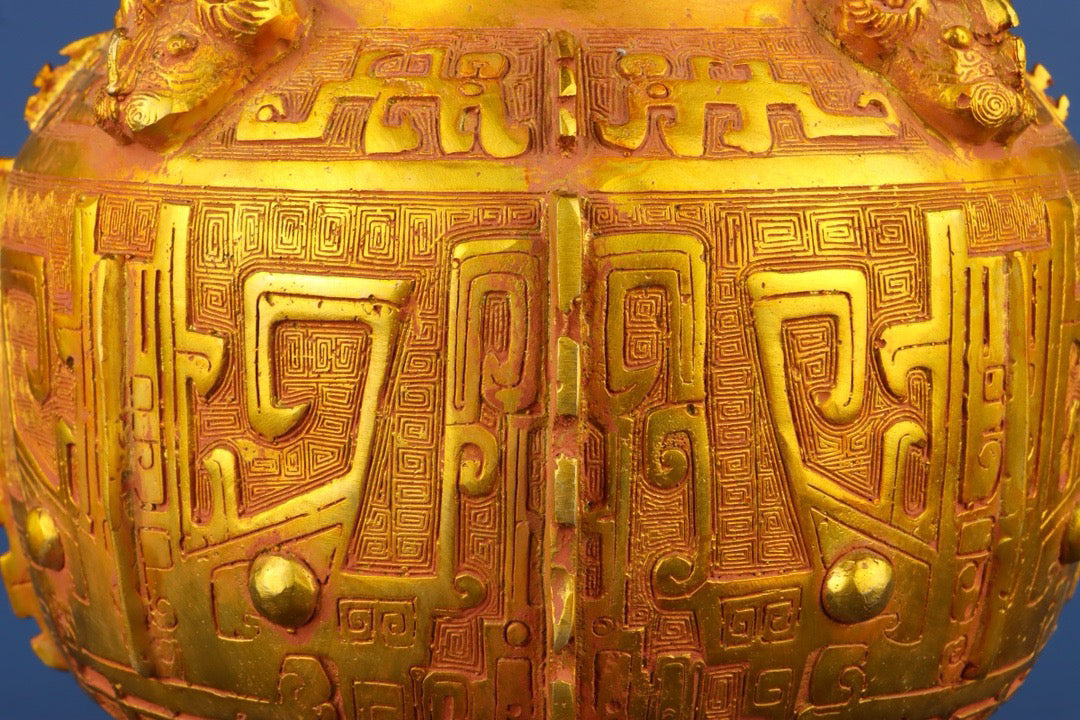 Chinese antique bronze gilded animal face four sheep jar