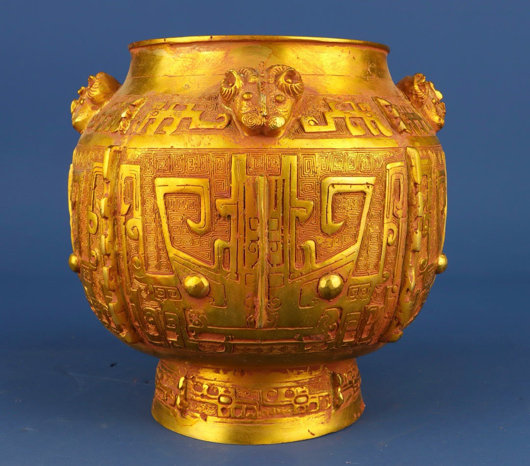 Chinese antique bronze gilded animal face four sheep jar