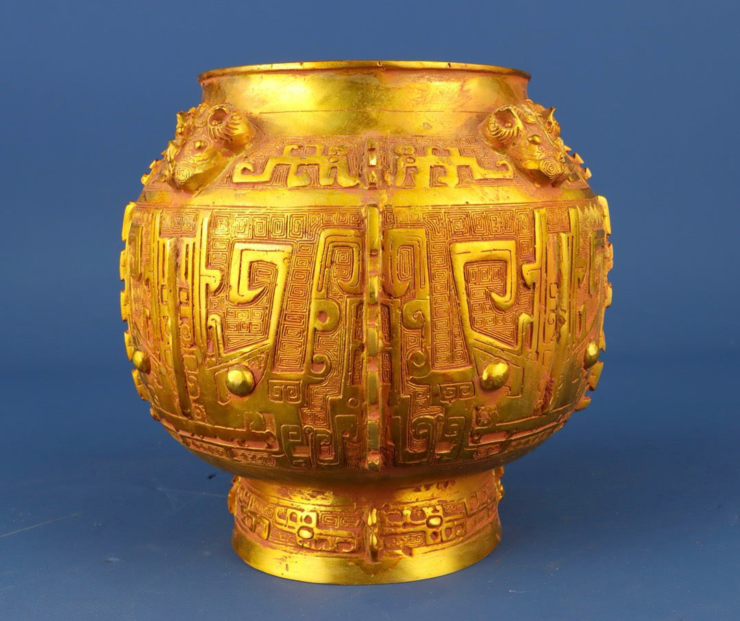 Chinese antique bronze gilded animal face four sheep jar