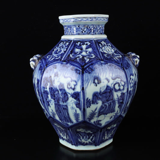Blue and white character stories, patterned beast ear jar