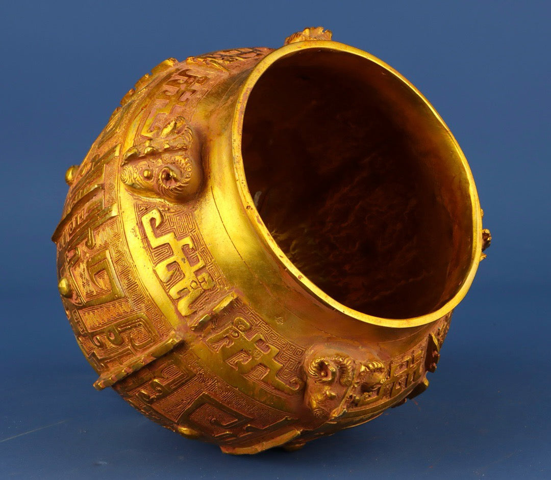 Chinese antique bronze gilded animal face four sheep jar