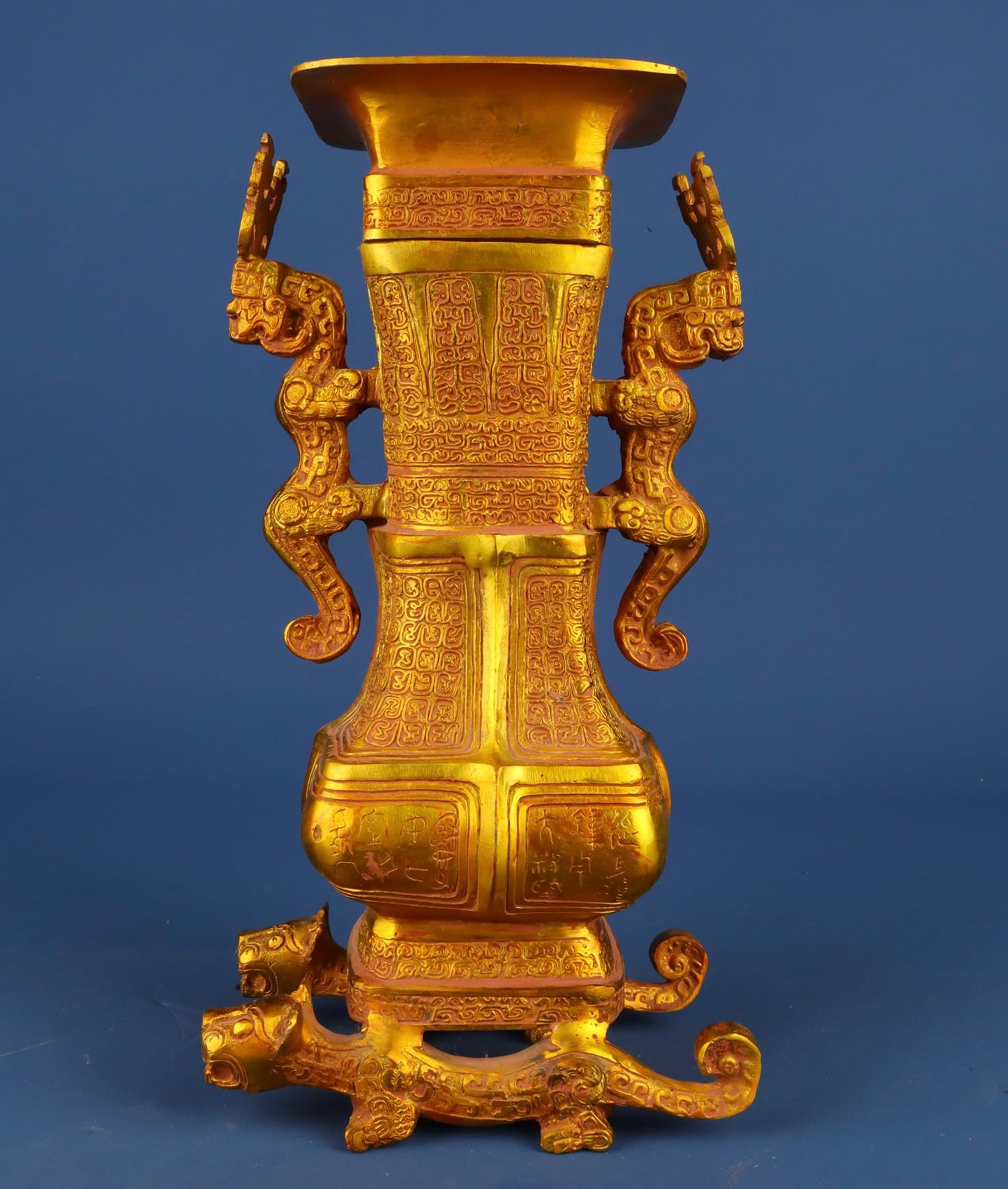 Chinese antique bronze gilded double dragon vase