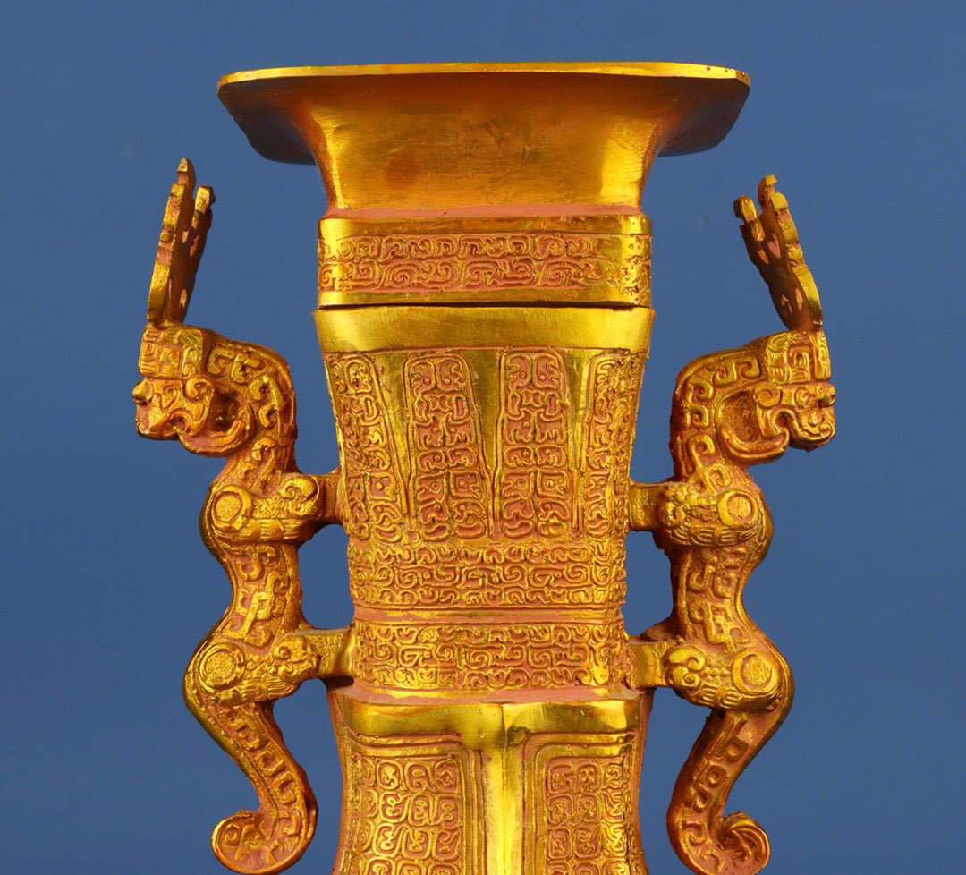 Chinese antique bronze gilded double dragon vase