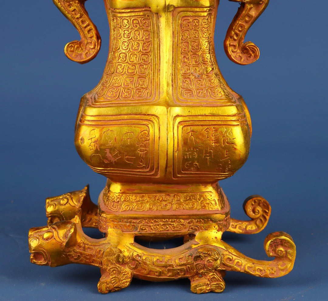 Chinese antique bronze gilded double dragon vase
