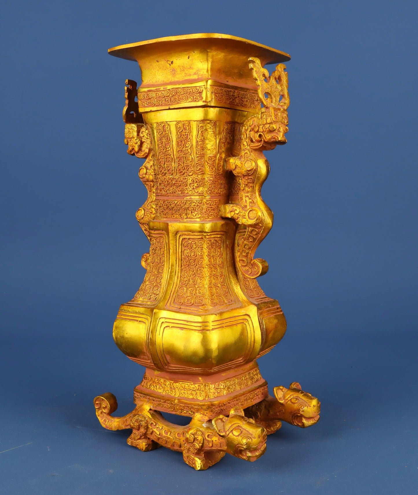Chinese antique bronze gilded double dragon vase