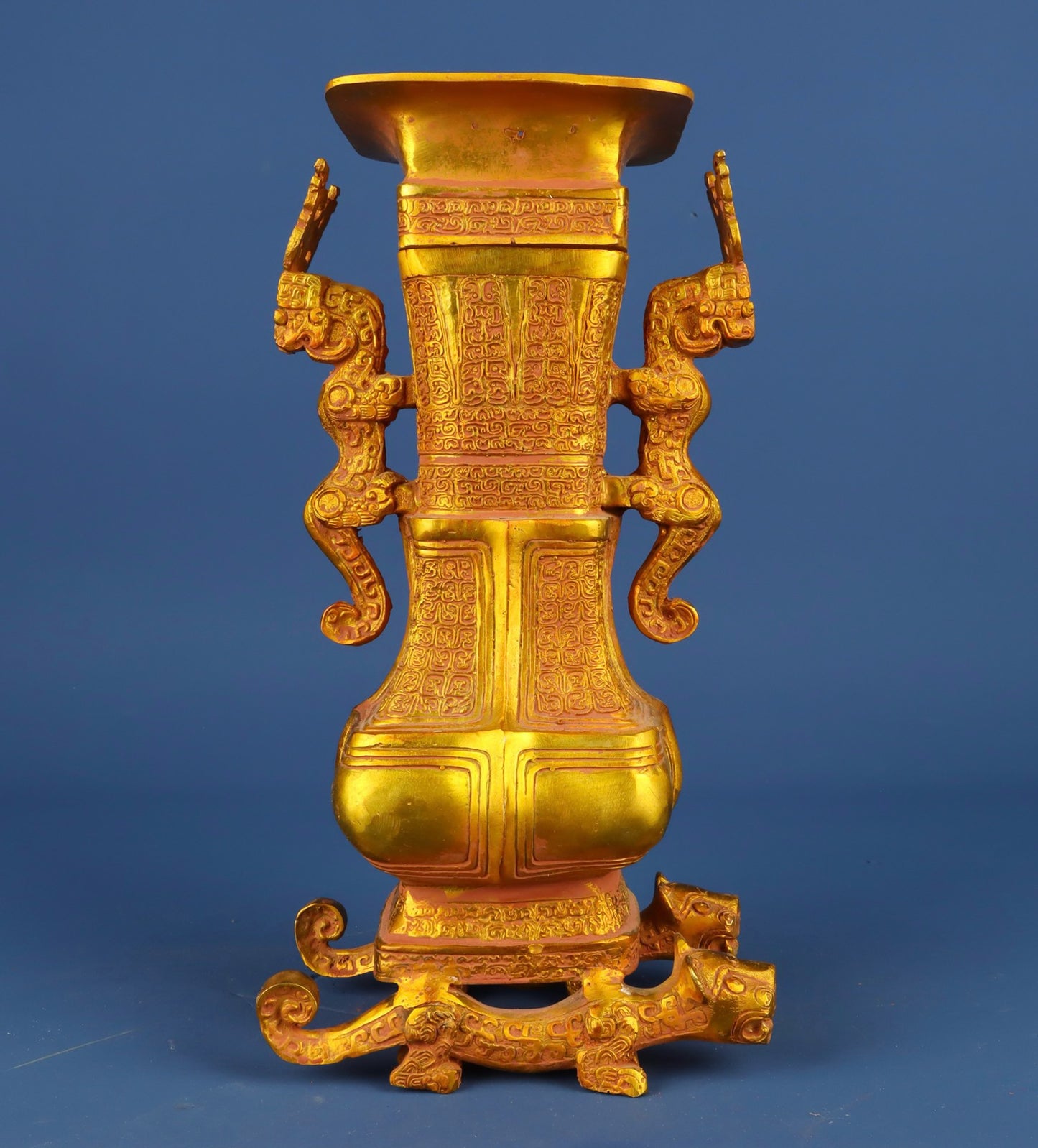 Chinese antique bronze gilded double dragon vase