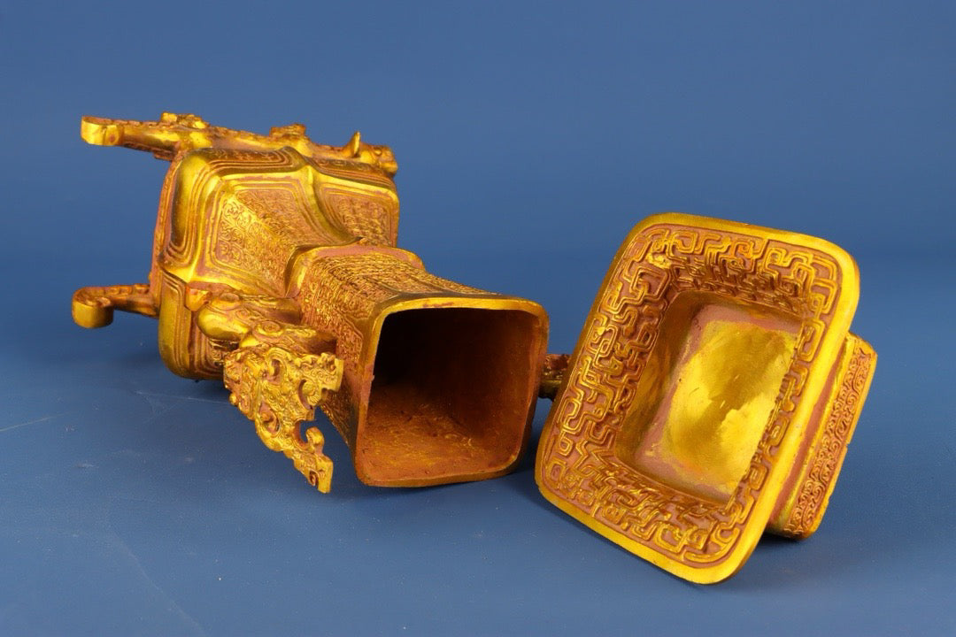 Chinese antique bronze gilded double dragon vase
