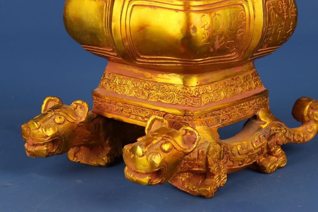 Chinese antique bronze gilded double dragon vase