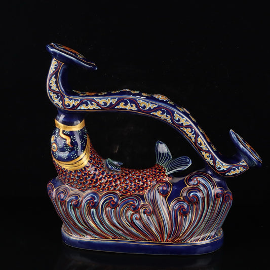 Ji Blue Glazed Gold Fish Pattern Ruyi Zun