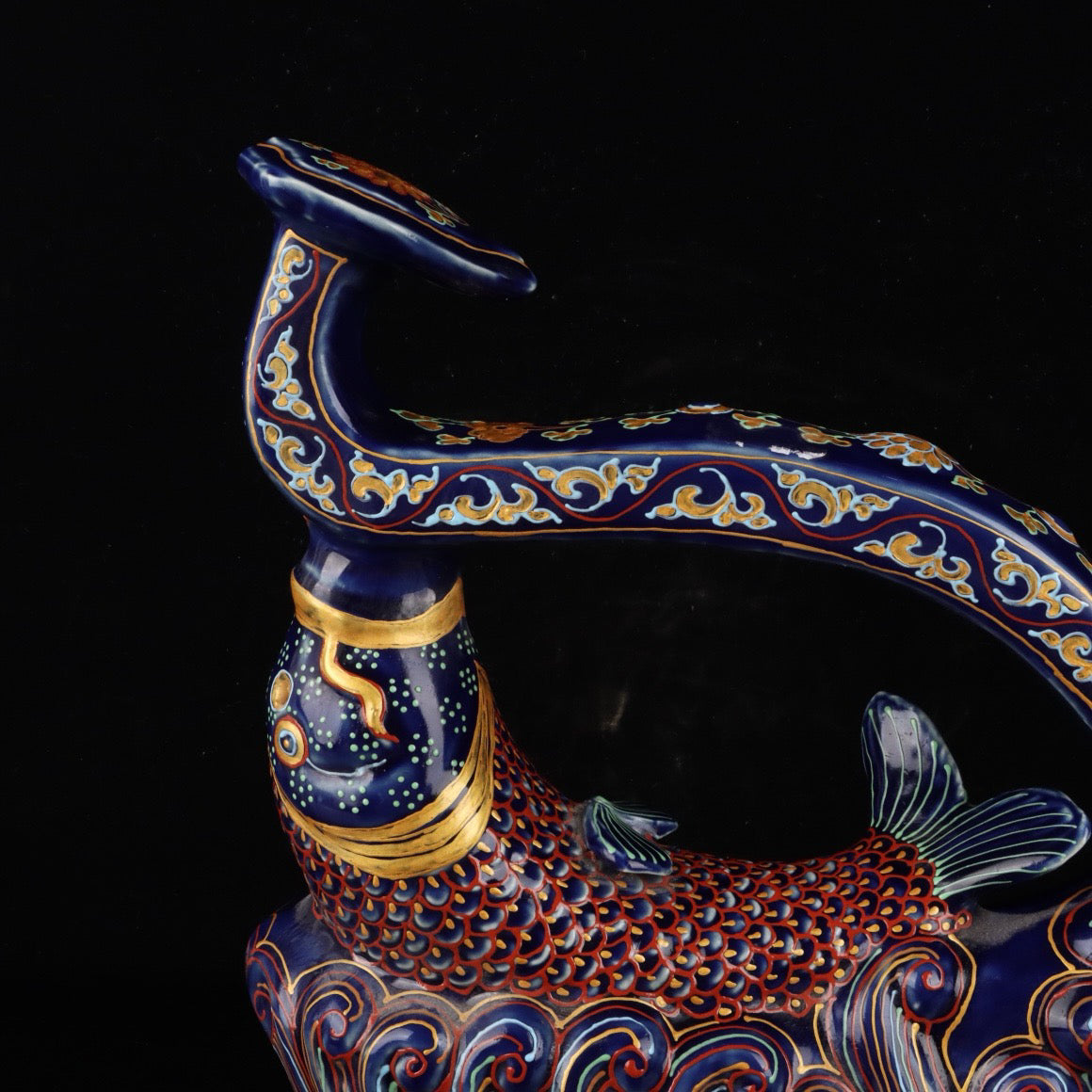 Ji Blue Glazed Gold Fish Pattern Ruyi Zun