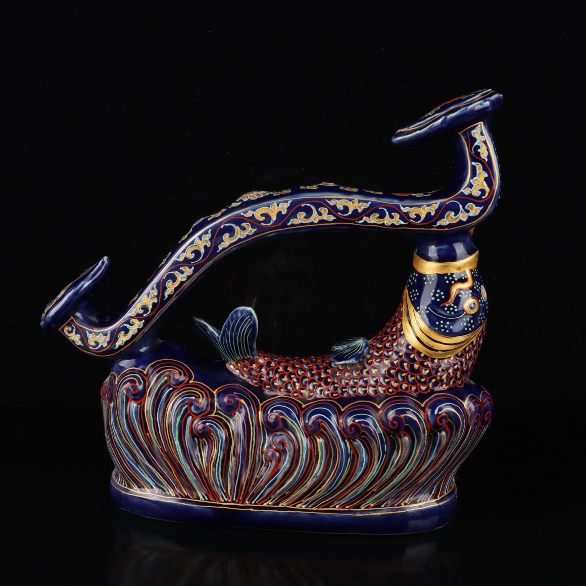 Ji Blue Glazed Gold Fish Pattern Ruyi Zun