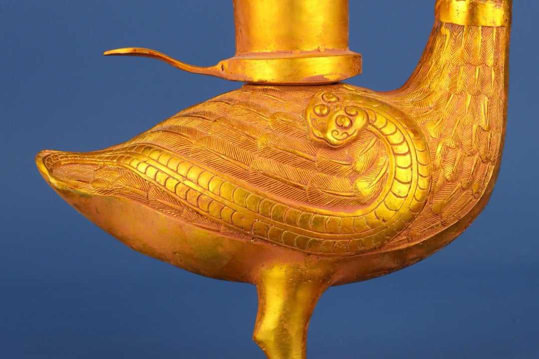 Chinese antique bronze gilded bird lamp