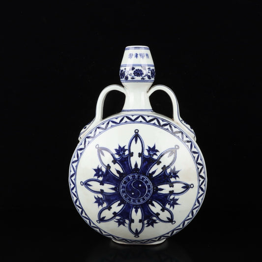 Blue and white flower patterned double ear moon hugging vase