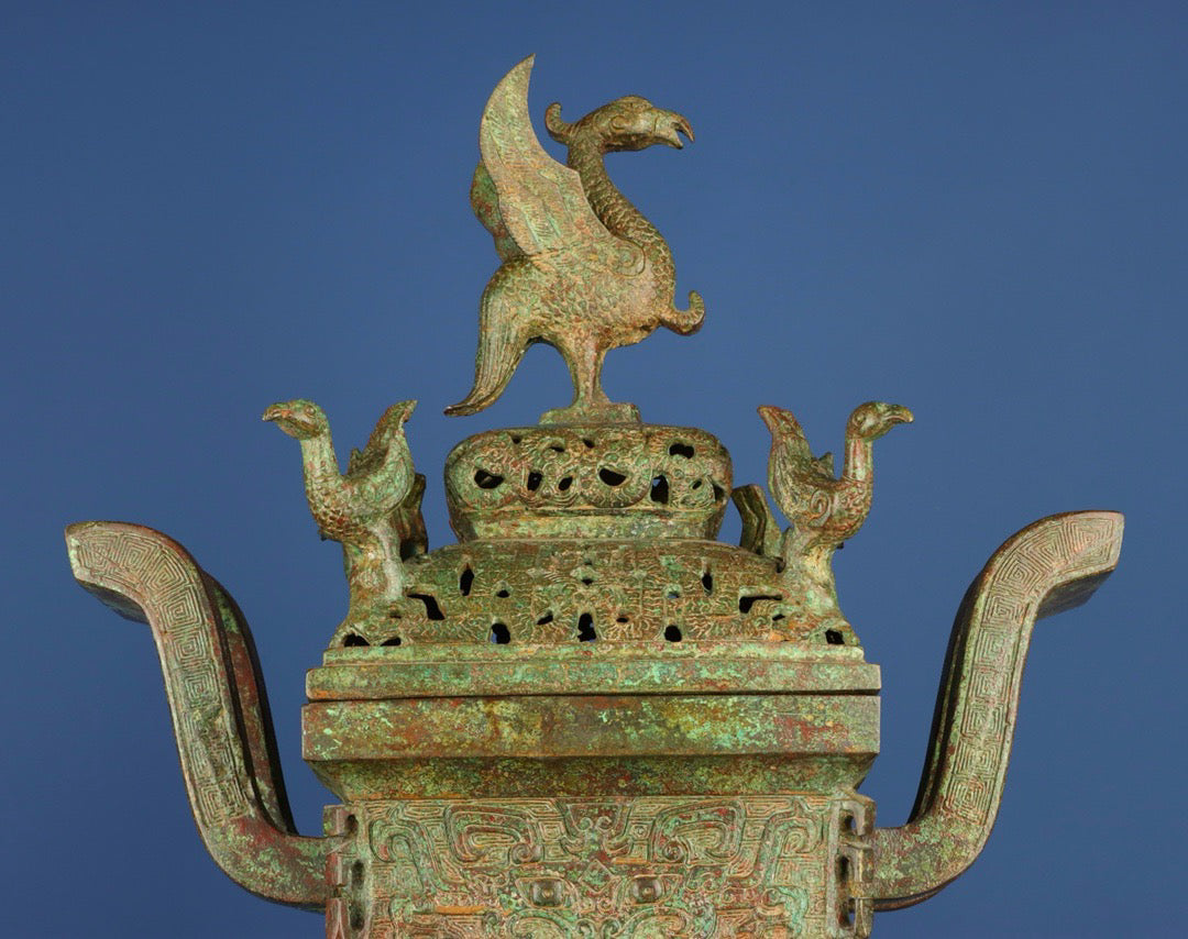 Chinese antique bronze beast face phoenix smoking furnace