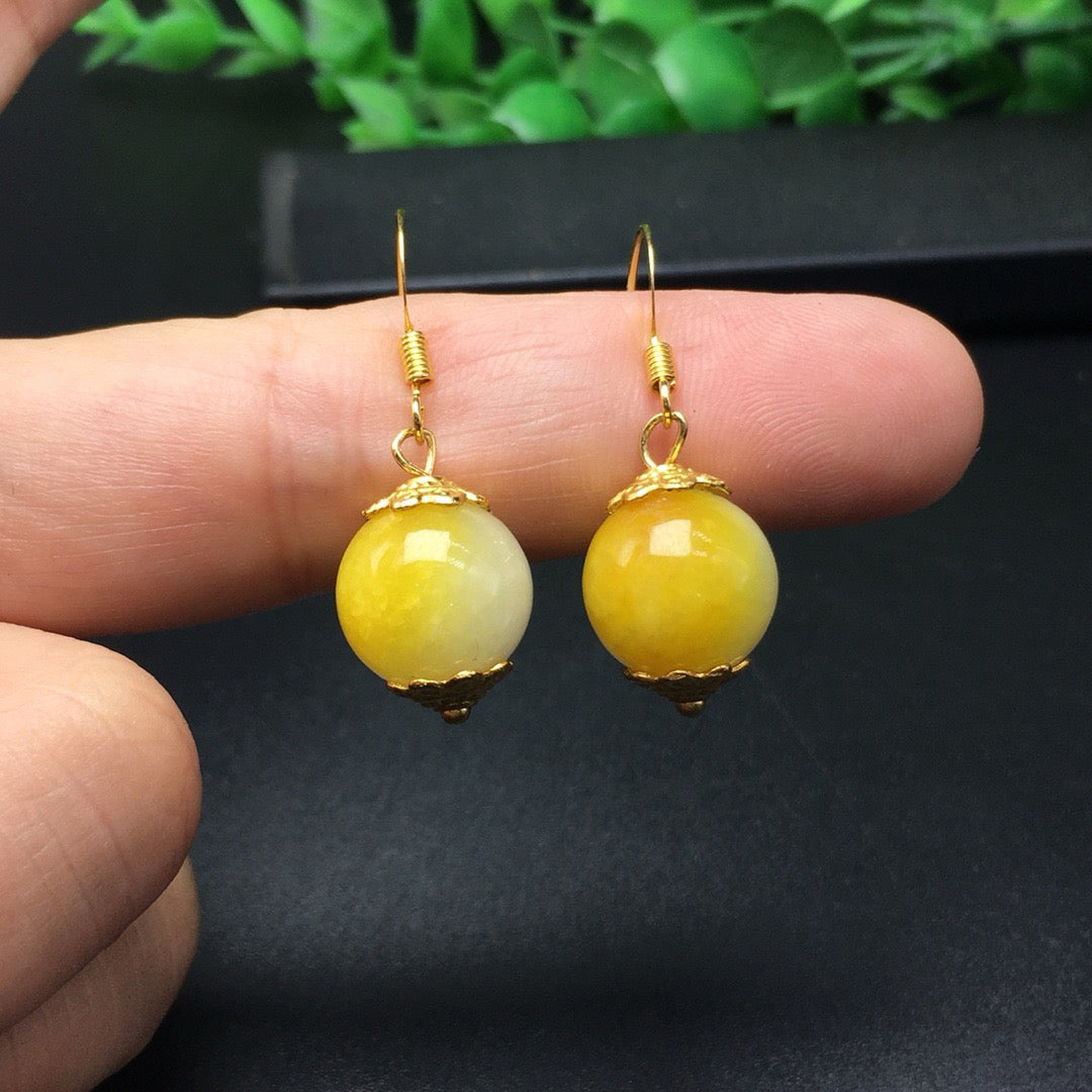 Sugar yellow round bead jade earrings