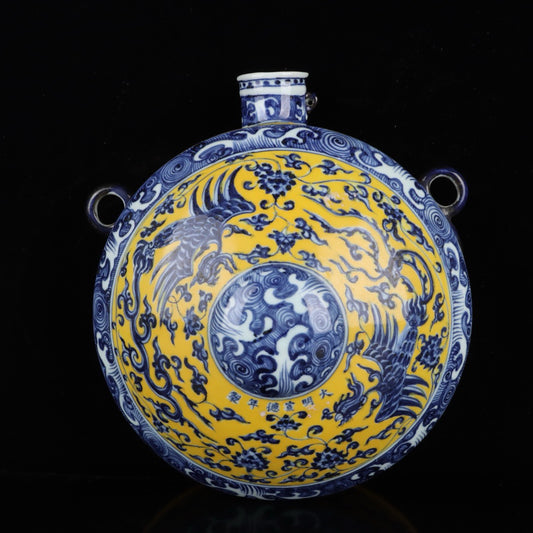 Blue and white glazed double phoenix patterned wall vase with yellow glaze