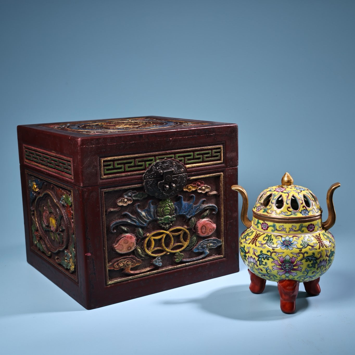 Hand painted enamel gilded gold colored porcelain incense burner
