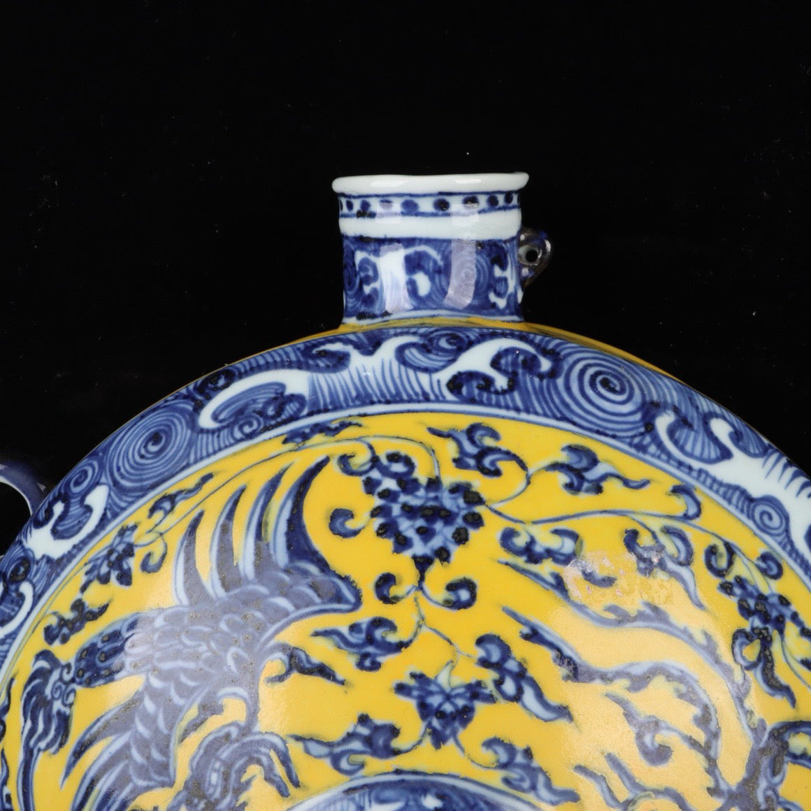 Blue and white glazed double phoenix patterned wall vase with yellow glaze