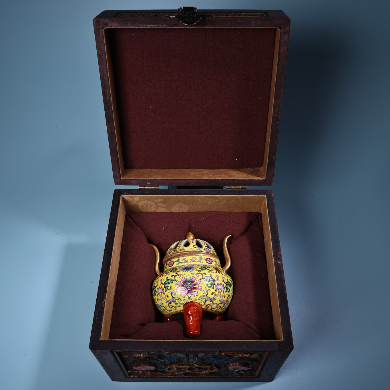 Hand painted enamel gilded gold colored porcelain incense burner