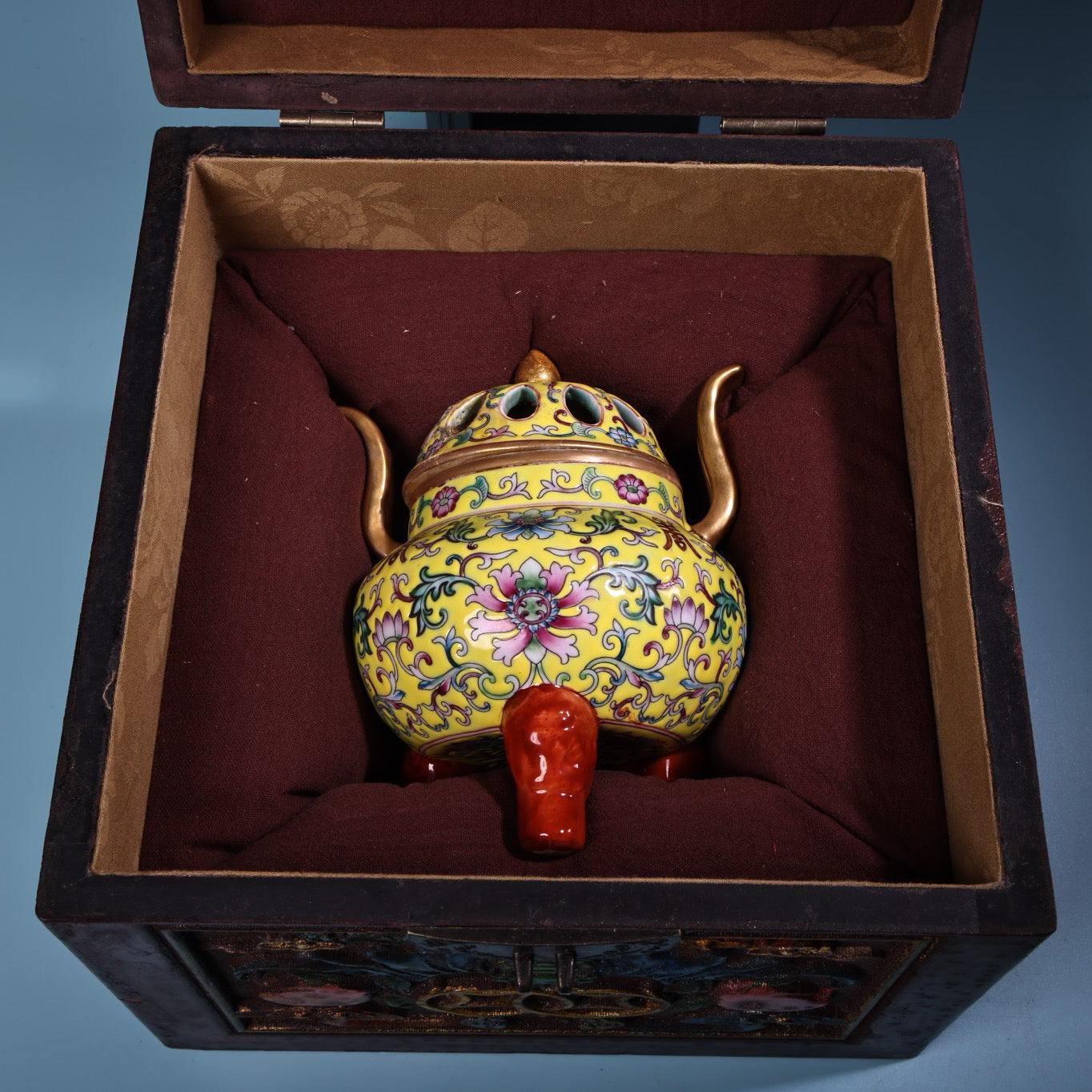Hand painted enamel gilded gold colored porcelain incense burner
