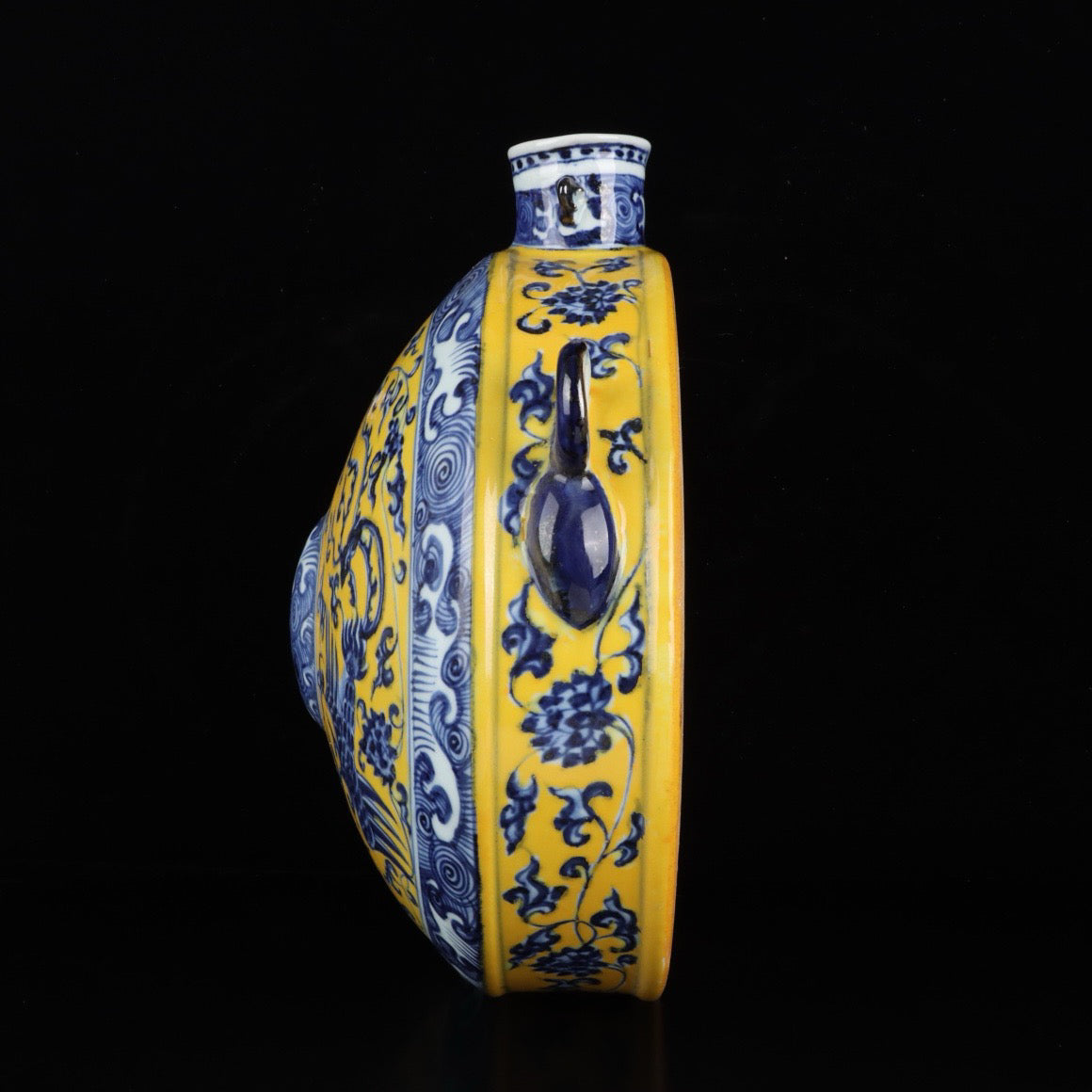 Blue and white glazed double phoenix patterned wall vase with yellow glaze